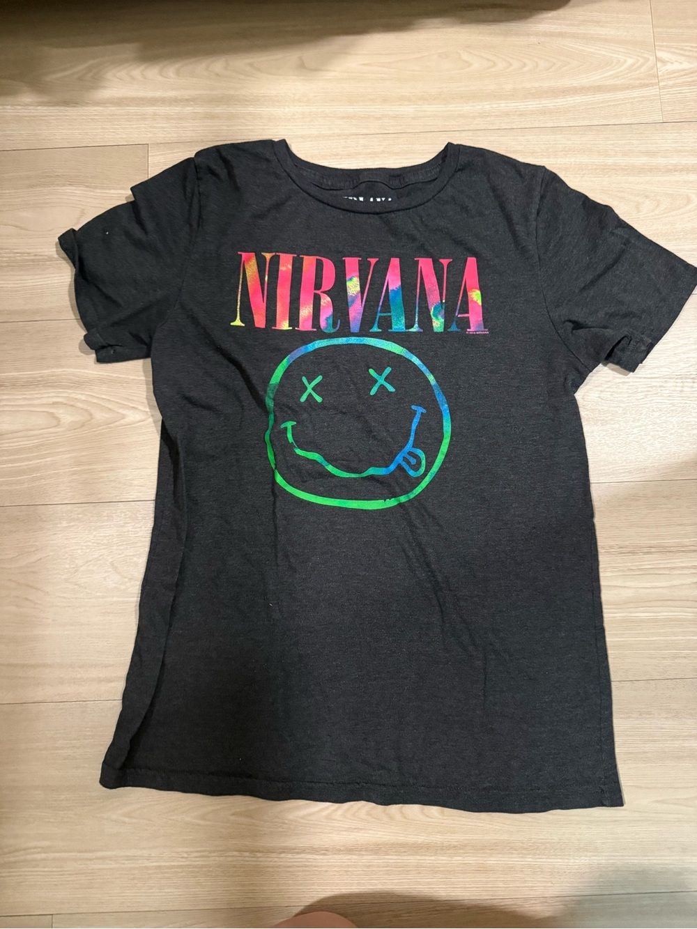 NIRVANA Black Tee with Rainbow Lettering and Neon Smiley